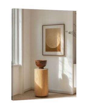 Minimalist corner with wooden pedestal holding a textured bowl, abstract wall art, natural light casting soft shadows, and dried branches in a vase