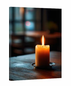 Half burned candle candle flame wooden table indoor warm light bokeh shallow depth of field wax plate cozy evening glow peaceful single object