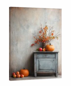 Autumn Still Life: Pumpkins, Apples, and Fall Branches on Vintage Table