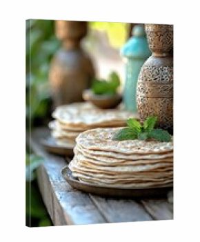 A stack of flatbreads with fresh mint leaves on a plate, placed on a rustic wooden table outdoors. Decorative metal vessels are in the background.