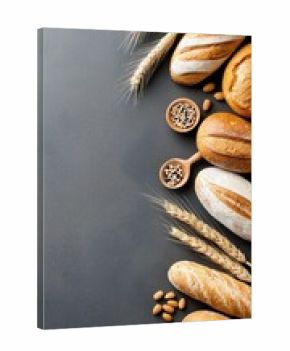 A top-down shot showcases various types of freshly baked bread, wheat stalks, and seeds arranged on a dark gray surface.