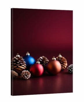Colorful Christmas baubles with frosted pinecones on burgundy background