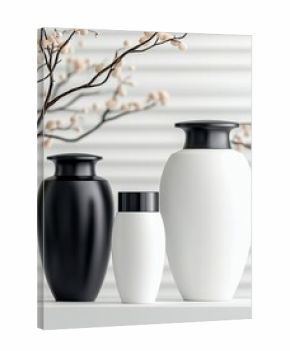 Three modern vases in black and white with a decorative branch against a minimalist background.