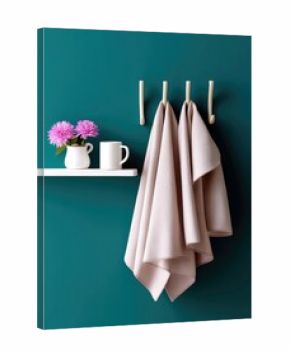 Close-up shot of two towels hanging on a wall with a shelf holding flowers and a mug. The scene is minimalist and well-lit.