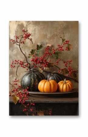 Autumn still life with decorative pumpkins and red berries