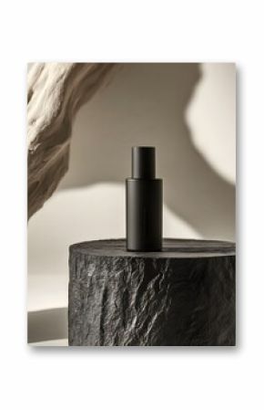 A sleek black bottle on a textured surface with soft shadows in a minimalist setting.