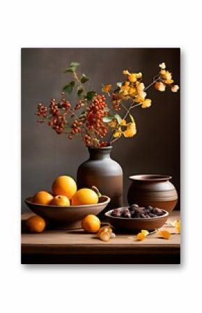 still life scene of a simple wooden table with a vase of dried flowers