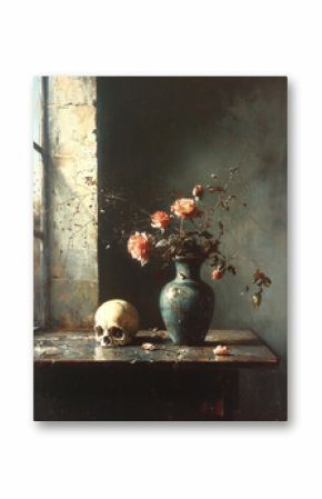 A still life composition with a high vase of red roses and a skull placed on a table, set against a dark background. Greeting card.