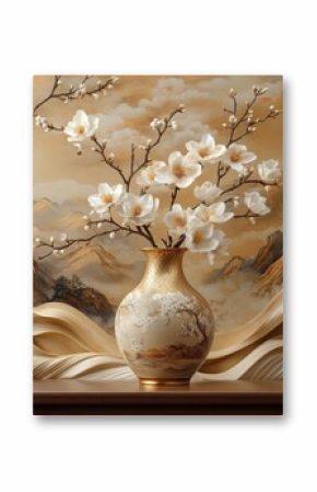 Elegant Vase with Soft Beige Flowers and Delicate Branches, Set Against a Serene Background