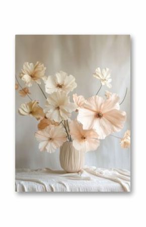 Soft pastel colored paper flowers in a textured vase.
