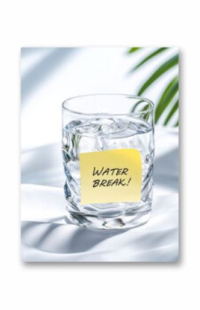Water intake concept with hydration reminder. A glass of water with a sticky note saying "WATER BREAK!" on it