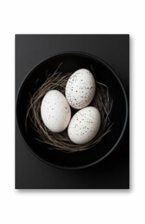 Three Speckled Eggs in Black Bowl with Straw