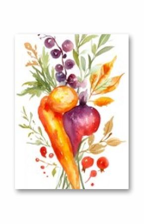 Vibrant Watercolor Vegetables and Berries Bouquet