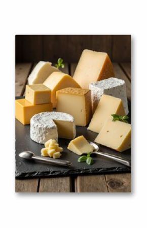 Various cheeses on a slate board with two spoons and basil