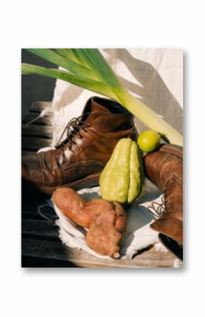 Rustic Still Life with Leather Boots, Chayote, Lime, Leek, and Potato