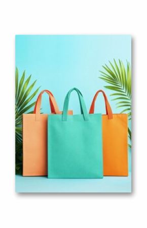 Colorful reusable tote bags with tropical leaves