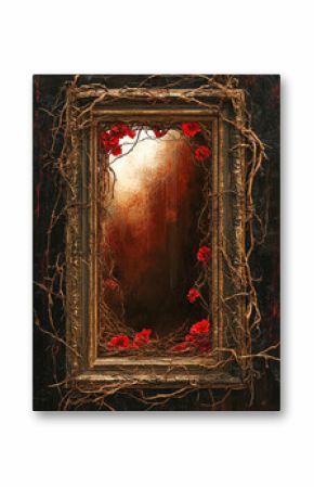 Ornate Antique Frame with Red Flowers and Vines Dark Artistic Still Life Photography