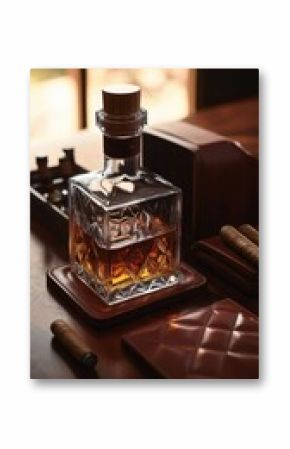 Elegant whiskey decanter with cigars.