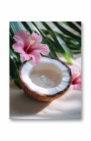 Coconut half filled with water, surrounded by pink hibiscus flowers and palm leaves, creating a tropical aesthetic for wellness, relaxation, and summer vibes.