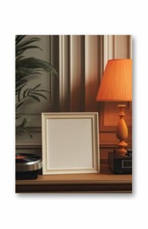 Elegant Interior Design with Empty Frame, Vintage Record Player, and Orange Lamp. A Stunning Display of Classic Style and Warm Tones.