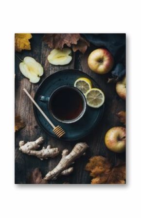 Autumnal tea, ginger, lemon, apples, rustic wood