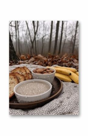 A rustic outdoor breakfast featuring bowls of porridge and nuts, slices of bread, and bananas amidst a misty forest backdrop.