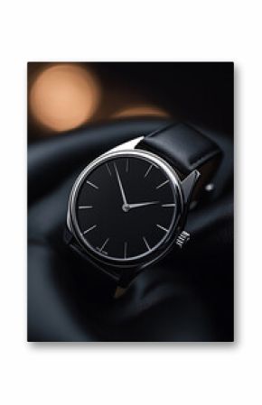 Luxury wristwatch with black dial and leather strap resting on silk
