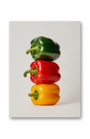 Vibrant Bell Peppers Stacked: A trio of colorful bell peppers - green, red, and yellow - are stacked in a perfect vertical alignment.