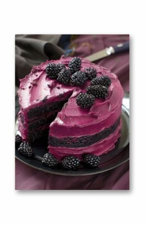 Layered Cake with Dark Frosting and Blackberries on Plate With Purple Fabric Background