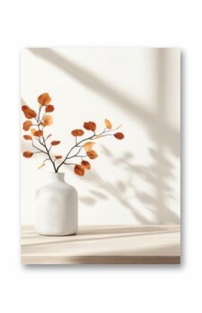 Dried Leaves in White Vase Minimalist Autumn Still Life Photography.  Tranquil Home Decor Image with Soft Light and Shadows on White Wall.