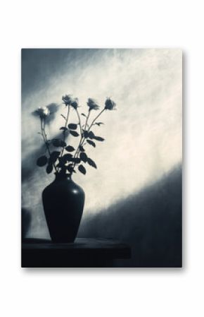 Elegant silhouette of white roses in dark vase against moody background