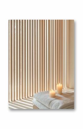 Spa Relaxation Candles and Towels on Wooden Bench