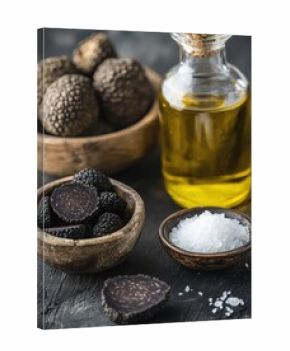 Black truffles, oil, salt, dark wood, gourmet food
