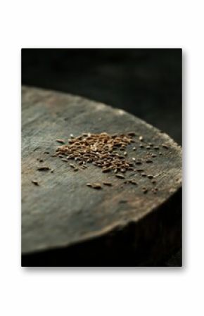 Cumin seeds on rustic wood, dark background, kitchen setting, food photography