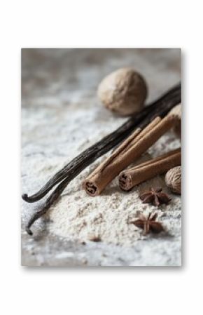 Flour, cinnamon, vanilla, nutmeg, star anise baking ingredients