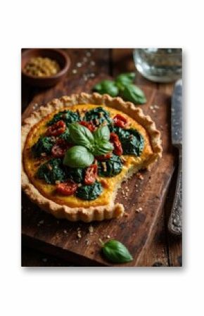 Savory tart with spinach, tomatoes, and fresh basil, served on a rustic wooden board. Delicious food!