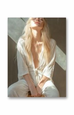 woman with long blonde hair wearing an open white shirt sitting on a stool in front of a grey wall.