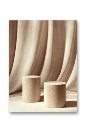 Beige cylinder podiums draped with fabric