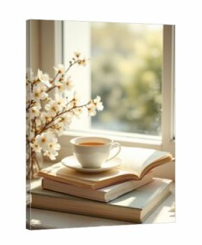 Tea and books by the window with white blossoms