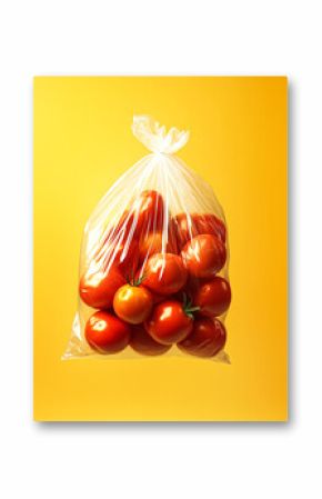 Tomatoes in a Floating Plastic Bag Against a Bright Yellow Backdrop