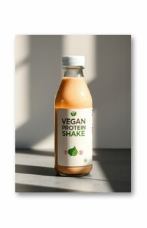 Vegan protein shake in a clear glass bottle with a white cap sits on a neutral gray surface in the light.