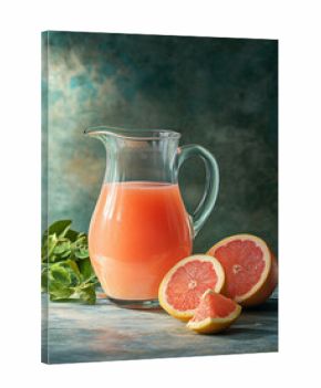 Glass pitcher of fresh grapefruit juice with sliced fruits.