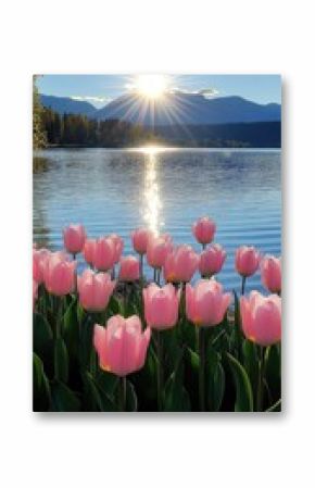 Pink tulips by a lake at sunrise, vibrant colors, tranquil scene, serene atmosphere, natural landscape, picturesque view, beautiful flowers, clear water, sunrise, mountains in the background, spring