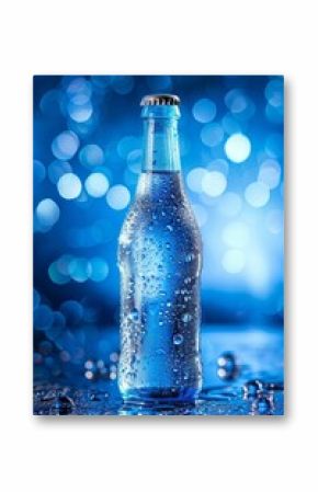 A chilled bottle of mineral water covered in condensation, surrounded by ice and illuminated by cool blue lighting.