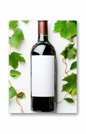 A beautifully designed wine bottle with an unmarked label, framed by intricate leaves on a textured surface