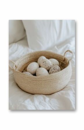 Speckled Easter Eggs in Rustic Woven Basket Spring art home cute calm cozy white beige