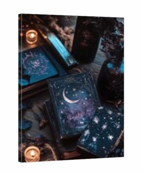 Mystical moonlit still life with magical books and candlelight ambience