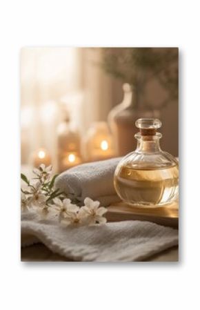 Aromatherapy Spa A serene setting with a glass bottle, flowers, and soft textiles.Luxury spa skincare aromatherapy display with diffused essential oils, glowing candles, and premium facial mists