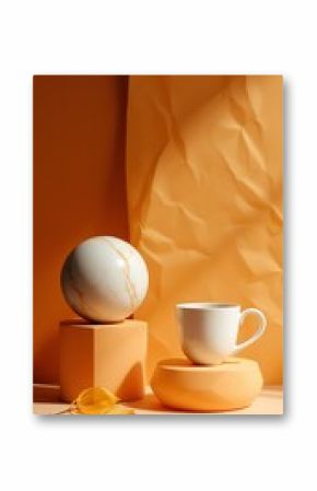 Stylized Mug and Marble Sphere on Peach Background Still Life