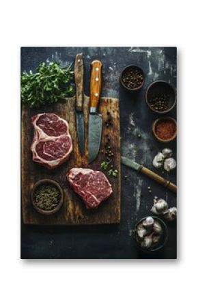 Rustic Butcher-Styled Kitchen Scene with Raw Meat Cuts, Knives, and Spices